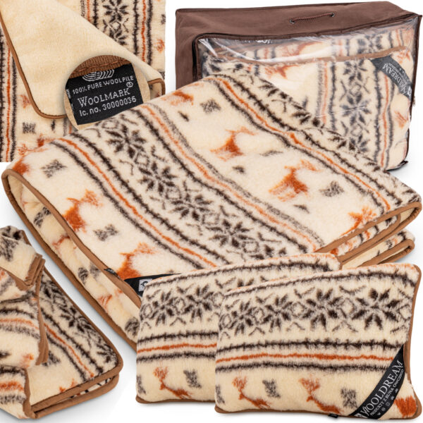 Komplet pościeli (4-częściowy) z wełny owczej Merynos Australijski (wzór Renifer) Wooldream