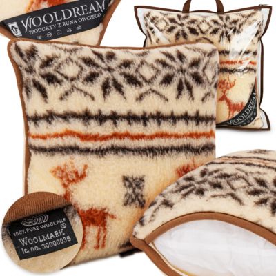 Poduszka z wełny owczej Merynos Australijski (wzór Renifer) Wooldream